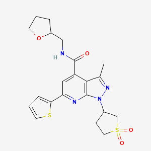 molecular formula C21H24N4O4S2 B2806643 1-(1,1-dioxidotetrahydrothiophen-3-yl)-3-methyl-N-((tetrahydrofuran-2-yl)methyl)-6-(thiophen-2-yl)-1H-pyrazolo[3,4-b]pyridine-4-carboxamide CAS No. 1021055-17-3