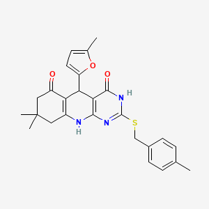 molecular formula C26H27N3O3S B2806684 8,8-二甲基-2-[(4-甲基苯甲基)硫基]-5-(5-甲基呋喃-2-基)-5,8,9,10-四氢吡咯并[4,5-b]喹啉-4,6(3H,7H)-二酮 CAS No. 627049-71-2