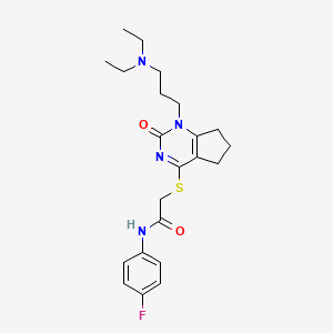 molecular formula C22H29FN4O2S B2806685 2-((1-(3-(diethylamino)propyl)-2-oxo-2,5,6,7-tetrahydro-1H-cyclopenta[d]pyrimidin-4-yl)thio)-N-(4-fluorophenyl)acetamide CAS No. 898434-74-7