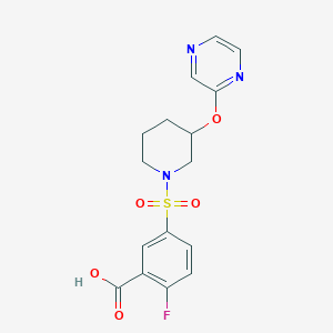 molecular formula C16H16FN3O5S B2806716 2-Fluoro-5-((3-(pyrazin-2-yloxy)piperidin-1-yl)sulfonyl)benzoic acid CAS No. 2034434-11-0