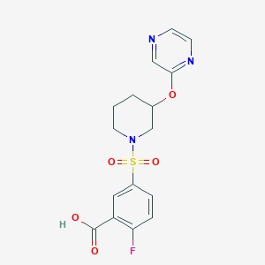 molecular formula C16H16FN3O5S B2806716 2-氟-5-((3-(吡啶-2-氧基)哌啶-1-基)磺酰)苯甲酸 CAS No. 2034434-11-0