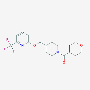 molecular formula C18H23F3N2O3 B2806884 2-{[1-(Oxane-4-carbonyl)piperidin-4-yl]methoxy}-6-(trifluoromethyl)pyridine CAS No. 2201390-21-6