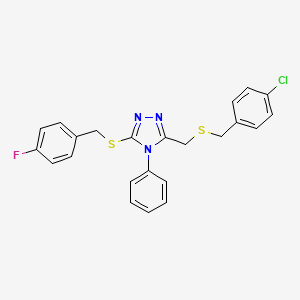 molecular formula C23H19ClFN3S2 B2806913 4-chlorobenzyl {5-[(4-fluorobenzyl)sulfanyl]-4-phenyl-4H-1,2,4-triazol-3-yl}methyl sulfide CAS No. 344270-29-7