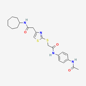 molecular formula C22H28N4O3S2 B2806949 N-(4-acetamidophenyl)-2-((4-(2-(cycloheptylamino)-2-oxoethyl)thiazol-2-yl)thio)acetamide CAS No. 941960-92-5