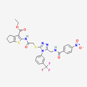 molecular formula C29H25F3N6O6S2 B2806991 ethyl 2-(2-((5-((4-nitrobenzamido)methyl)-4-(3-(trifluoromethyl)phenyl)-4H-1,2,4-triazol-3-yl)thio)acetamido)-5,6-dihydro-4H-cyclopenta[b]thiophene-3-carboxylate CAS No. 393849-27-9
