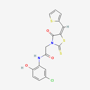 molecular formula C16H11ClN2O3S3 B2807126 (E)-N-(5-氯-2-羟基苯基)-2-(4-氧代-5-(噻吩-2-基甲亚)噻唑烷-2-基硫代甲酰胺 CAS No. 637318-47-9