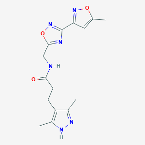 molecular formula C15H18N6O3 B2807127 3-(3,5-dimethyl-1H-pyrazol-4-yl)-N-((3-(5-methylisoxazol-3-yl)-1,2,4-oxadiazol-5-yl)methyl)propanamide CAS No. 2034201-98-2