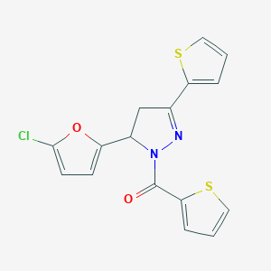 molecular formula C16H11ClN2O2S2 B2807193 5-(5-chlorofuran-2-yl)-3-(thiophen-2-yl)-1-(thiophene-2-carbonyl)-4,5-dihydro-1H-pyrazole CAS No. 868214-38-4