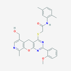 molecular formula C29H28N4O4S B2807231 N-(2,5-dimethylphenyl)-2-((6-(hydroxymethyl)-2-(2-methoxyphenyl)-9-methyl-5H-pyrido[4',3':5,6]pyrano[2,3-d]pyrimidin-4-yl)thio)acetamide CAS No. 892379-88-3