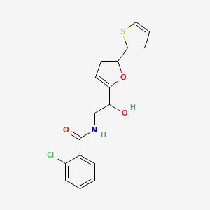 B2807233 2-Chloro-N-[2-hydroxy-2-(5-thiophen-2-ylfuran-2-yl)ethyl]benzamide CAS No. 2320855-23-8