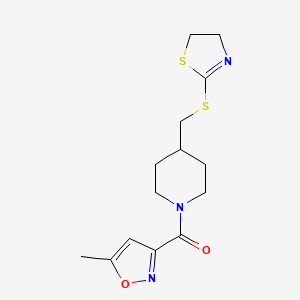 molecular formula C14H19N3O2S2 B2807247 (4-(((4,5-Dihydrothiazol-2-yl)thio)methyl)piperidin-1-yl)(5-methylisoxazol-3-yl)methanone CAS No. 1396631-64-3