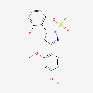 molecular formula C18H19FN2O4S B2807277 3-(2,4-dimethoxyphenyl)-5-(2-fluorophenyl)-1-methanesulfonyl-4,5-dihydro-1H-pyrazole CAS No. 1797371-62-0