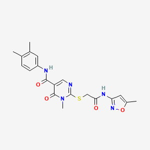 molecular formula C20H21N5O4S B2807324 N-(3,4-dimethylphenyl)-1-methyl-2-((2-((5-methylisoxazol-3-yl)amino)-2-oxoethyl)thio)-6-oxo-1,6-dihydropyrimidine-5-carboxamide CAS No. 878064-98-3