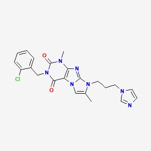 molecular formula C22H22ClN7O2 B2807443 2-[(2-Chlorophenyl)methyl]-6-(3-imidazol-1-ylpropyl)-4,7-dimethylpurino[7,8-a]imidazole-1,3-dione CAS No. 923479-36-1