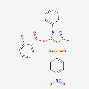 molecular formula C23H16FN3O6S B2807468 3-甲基-4-((4-硝基苯基)磺酰)-1-苯基-1H-吡唑-5-基 2-氟苯酸酯 CAS No. 851093-83-9