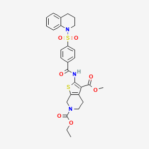 molecular formula C28H29N3O7S2 B2807515 6-乙基-3-甲基-2-(4-((3,4-二氢喹啉-1(2H)-基)磺酰)苯甲酰氨基)-4,5-二氢噻吩[2,3-c]吡啶-3,6(7H)-二羧酸二乙酸酯 CAS No. 449781-36-6