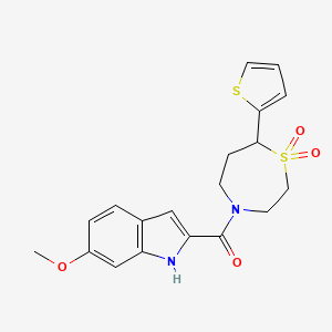 molecular formula C19H20N2O4S2 B2807611 (1,1-dioxido-7-(thiophen-2-yl)-1,4-thiazepan-4-yl)(6-methoxy-1H-indol-2-yl)methanone CAS No. 2034334-75-1