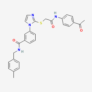 molecular formula C28H26N4O3S B2807623 3-(2-((2-((4-acetylphenyl)amino)-2-oxoethyl)thio)-1H-imidazol-1-yl)-N-(4-methylbenzyl)benzamide CAS No. 1115403-55-8