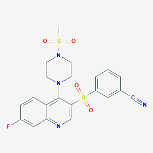 molecular formula C21H19FN4O4S2 B2807630 3-({7-Fluoro-4-[4-(methylsulfonyl)piperazin-1-yl]quinolin-3-yl}sulfonyl)benzonitrile CAS No. 1351792-50-1