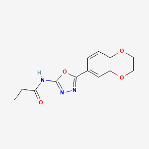 molecular formula C13H13N3O4 B2807644 N-(5-(2,3-dihydrobenzo[b][1,4]dioxin-6-yl)-1,3,4-oxadiazol-2-yl)propionamide CAS No. 887872-43-7