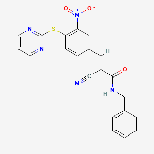 molecular formula C21H15N5O3S B2807666 (2E)-N-benzyl-2-cyano-3-[3-nitro-4-(pyrimidin-2-ylsulfanyl)phenyl]prop-2-enamide CAS No. 561294-90-4