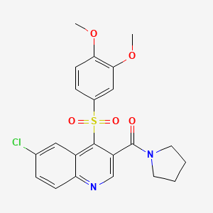 molecular formula C22H21ClN2O5S B2807679 6-Chloro-4-[(3,4-dimethoxyphenyl)sulfonyl]-3-(pyrrolidin-1-ylcarbonyl)quinoline CAS No. 1111164-87-4