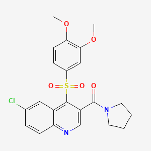 molecular formula C22H21ClN2O5S B2807679 6-CHLORO-4-(3,4-DIMETHOXYBENZENESULFONYL)-3-(PYRROLIDINE-1-CARBONYL)QUINOLINE CAS No. 1111164-87-4