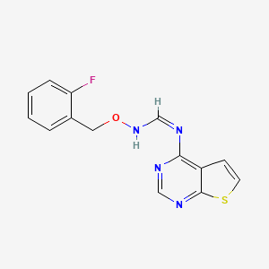 molecular formula C14H11FN4OS B2807744 N-[(2-fluorophenyl)methoxy]-N'-thieno[2,3-d]pyrimidin-4-ylmethanimidamide CAS No. 477846-33-6