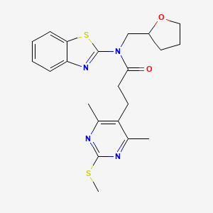 molecular formula C22H26N4O2S2 B2807770 N-(1,3-benzothiazol-2-yl)-3-[4,6-dimethyl-2-(methylsulfanyl)pyrimidin-5-yl]-N-[(oxolan-2-yl)methyl]propanamide CAS No. 1211140-14-5