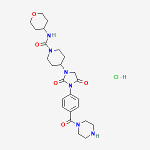 molecular formula C25H35ClN6O5 B2807790 4-{2,4-dioxo-3-[4-(piperazine-1-carbonyl)phenyl]imidazolidin-1-yl}-N-(oxan-4-yl)piperidine-1-carboxamide hydrochloride CAS No. 2097929-55-8