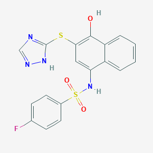 4-fluoro-N-[4-hydroxy-3-(1H-1,2,4-triazol-5-ylsulfanyl)naphthalen-1-yl]benzenesulfonamide