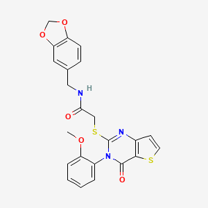 molecular formula C23H19N3O5S2 B2807851 N-(1,3-苯并二氧杂环戊酮-5-基甲基)-2-{[3-(2-甲氧苯基)-4-氧代-3,4-二氢噻吩[3,2-d]嘧啶-2-基]硫代}乙酰胺 CAS No. 1291833-18-5