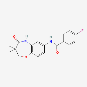 molecular formula C18H17FN2O3 B2807885 N-(3,3-二甲基-4-氧代-2,3,4,5-四氢苯并[b][1,4]噁唑啉-7-基)-4-氟苯甲酰胺 CAS No. 921776-92-3