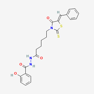 molecular formula C23H23N3O4S2 B2807908 (Z)-N'-(6-(5-benzylidene-4-oxo-2-thioxothiazolidin-3-yl)hexanoyl)-2-hydroxybenzohydrazide CAS No. 681818-27-9