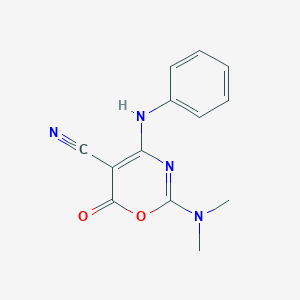 molecular formula C13H12N4O2 B2807914 4-anilino-2-(dimethylamino)-6-oxo-6H-1,3-oxazine-5-carbonitrile CAS No. 132164-90-0
