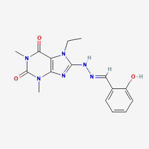 molecular formula C16H18N6O3 B2808041 (E)-7-ethyl-8-(2-(2-hydroxybenzylidene)hydrazinyl)-1,3-dimethyl-1H-purine-2,6(3H,7H)-dione CAS No. 374767-63-2