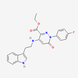 molecular formula C23H21FN4O3 B2808120 乙酸-4-((2-(1H-吲哚-3-基)乙基)氨基)-1-(4-氟苯基)-6-氧代-1,6-二氢吡啶-3-甲酸酯 CAS No. 922122-23-4