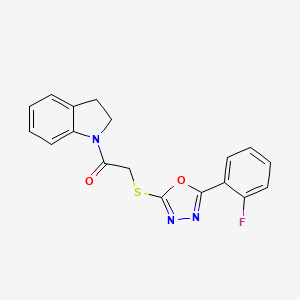 molecular formula C18H14FN3O2S B2808122 2-((5-(2-Fluorophenyl)-1,3,4-oxadiazol-2-yl)thio)-1-(indolin-1-yl)ethanone CAS No. 571904-77-3