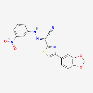 molecular formula C18H11N5O4S B2808125 (2E)-4-(1,3-苯并二氧杂环[5.5.1]二烯-5-基)-N-(3-硝基苯胺基)-1,3-噻唑-2-甲酰基氰化物 CAS No. 477194-05-1
