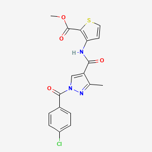 molecular formula C18H14ClN3O4S B2808134 硫酸甲酯 3-({[1-(4-氯苯甲酰)-3-甲基-1H-吡唑-4-基]羰基}氨基)-2-噻吩甲酸甲酯 CAS No. 321574-10-1