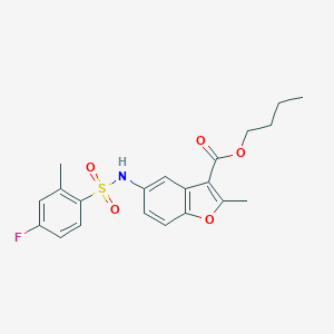molecular formula C21H22FNO5S B280815 Butyl 5-{[(4-fluoro-2-methylphenyl)sulfonyl]amino}-2-methyl-1-benzofuran-3-carboxylate 