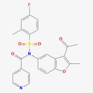 molecular formula C24H19FN2O5S B280818 N-(3-acetyl-2-methyl-1-benzofuran-5-yl)-4-fluoro-N-isonicotinoyl-2-methylbenzenesulfonamide 