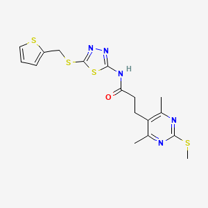 3-(4,6-dimethyl-2-methylsulfanylpyrimidin-5-yl)-N-[5-(thiophen-2-ylmethylsulfanyl)-1,3,4-thiadiazol-2-yl]propanamide