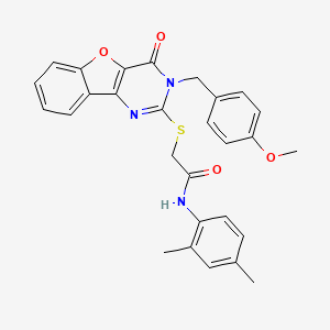 molecular formula C28H25N3O4S B2808368 N-(2,4-dimethylphenyl)-2-({5-[(4-methoxyphenyl)methyl]-6-oxo-8-oxa-3,5-diazatricyclo[7.4.0.0^{2,7}]trideca-1(9),2(7),3,10,12-pentaen-4-yl}sulfanyl)acetamide CAS No. 866873-80-5