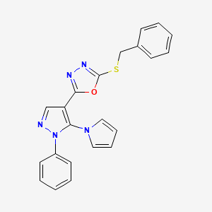 molecular formula C22H17N5OS B2808388 2-(benzylsulfanyl)-5-[1-phenyl-5-(1H-pyrrol-1-yl)-1H-pyrazol-4-yl]-1,3,4-oxadiazole CAS No. 956613-25-5