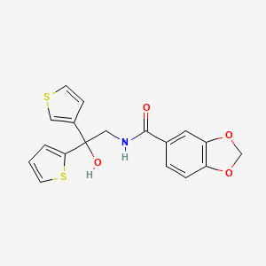 molecular formula C18H15NO4S2 B2808478 N-(2-hydroxy-2-(thiophen-2-yl)-2-(thiophen-3-yl)ethyl)benzo[d][1,3]dioxole-5-carboxamide CAS No. 2034257-75-3