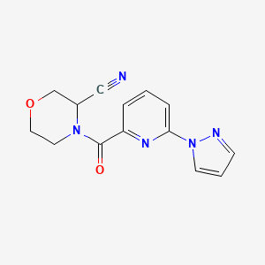 molecular formula C14H13N5O2 B2808493 4-(6-Pyrazol-1-ylpyridine-2-carbonyl)morpholine-3-carbonitrile CAS No. 1436105-24-6