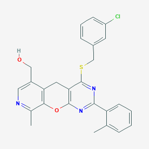 (7-{[(3-Chlorophenyl)methyl]sulfanyl}-14-methyl-5-(2-methylphenyl)-2-oxa-4,6,13-triazatricyclo[8.4.0.0^{3,8}]tetradeca-1(10),3(8),4,6,11,13-hexaen-11-yl)methanol