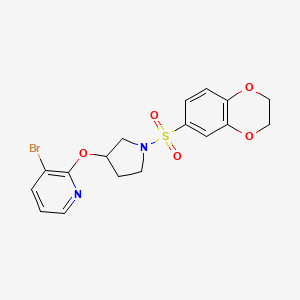 molecular formula C17H17BrN2O5S B2808559 3-Bromo-2-((1-((2,3-dihydrobenzo[b][1,4]dioxin-6-yl)sulfonyl)pyrrolidin-3-yl)oxy)pyridine CAS No. 1903195-49-2