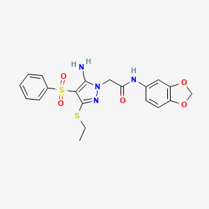 molecular formula C20H20N4O5S2 B2808571 2-[5-amino-3-(ethylthio)-4-(phenylsulfonyl)-1H-pyrazol-1-yl]-N-1,3-benzodioxol-5-ylacetamide CAS No. 1019099-65-0